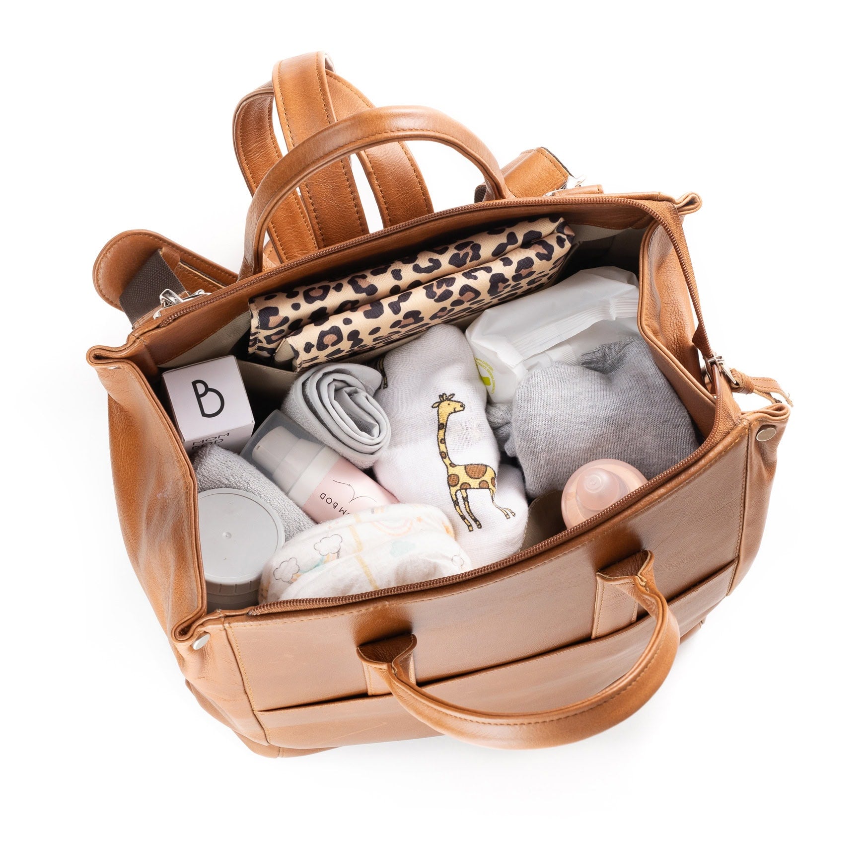 Jeankelly Leather Convertible Bag-Pack - Toffee PLUS a free beige pram pouch (valued at R550)