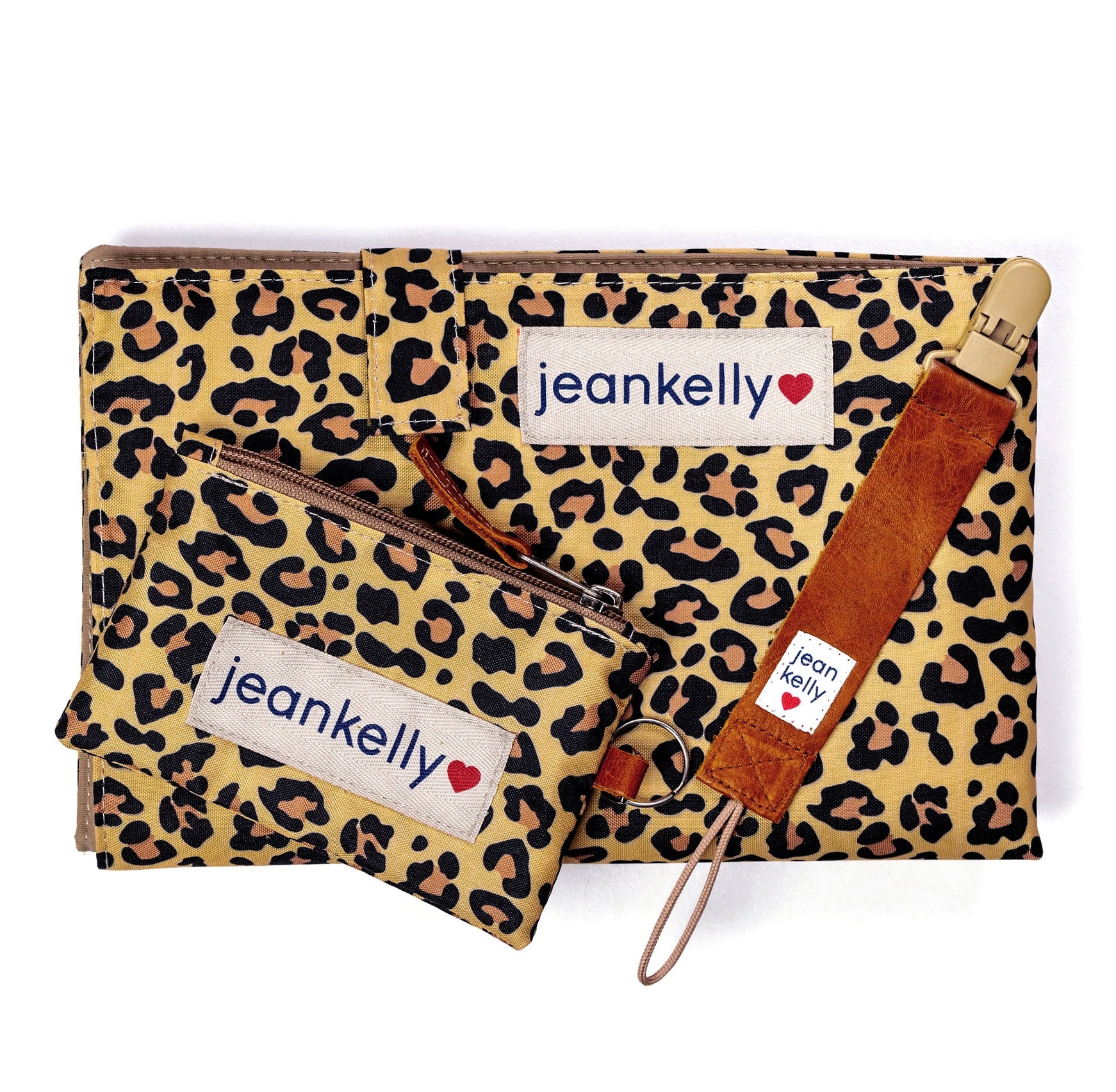 Leopard Print Gift Set - Dummy Pouch + Changing Mat + Leather Dummy Clip